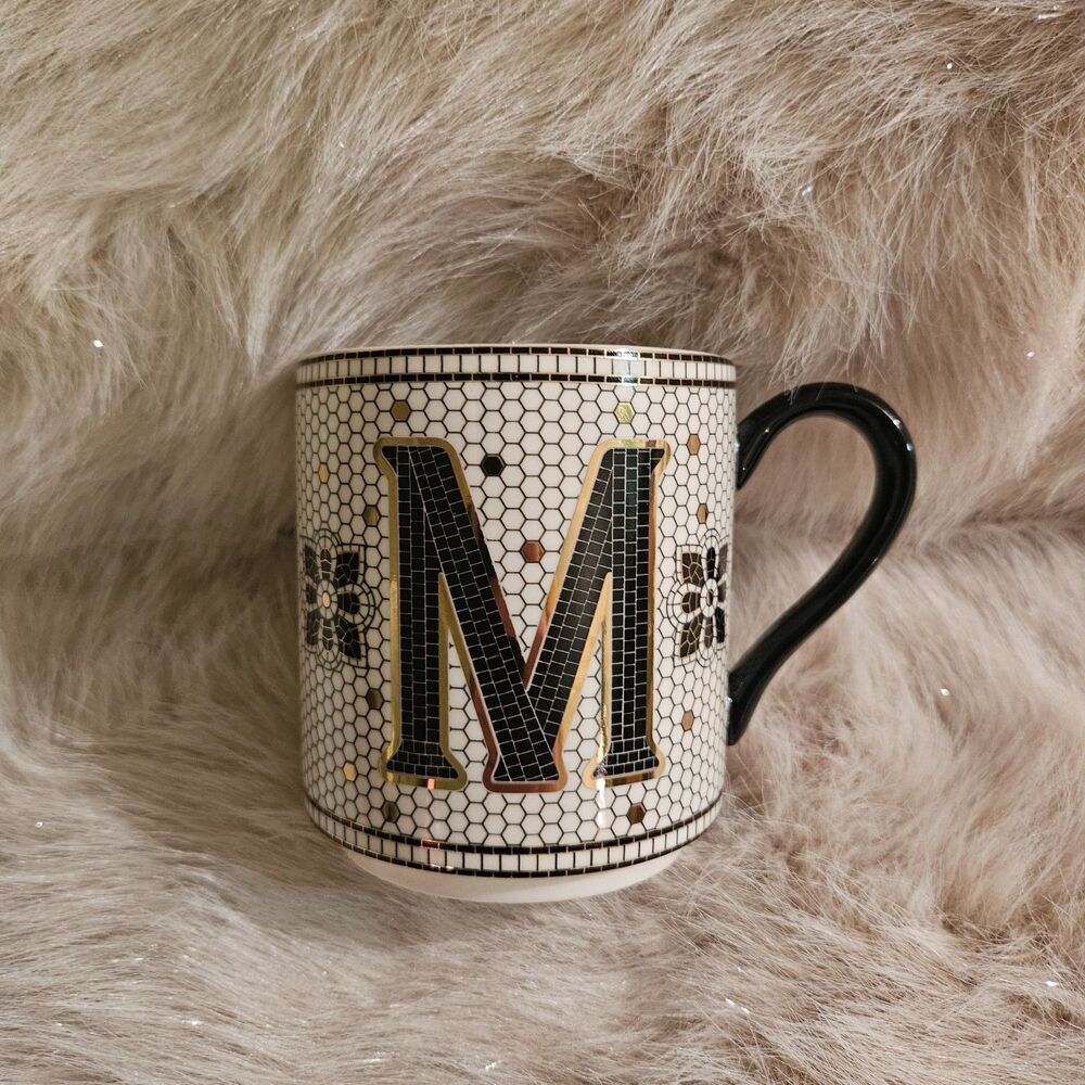 Anthropologie Monogram "M" Procelain Large Coffee Mug Mosaic Tiled Black & Gold